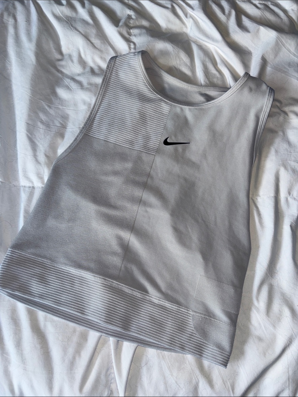 Nike White Ribbed Athletic Crop Tank with Black Swoosh